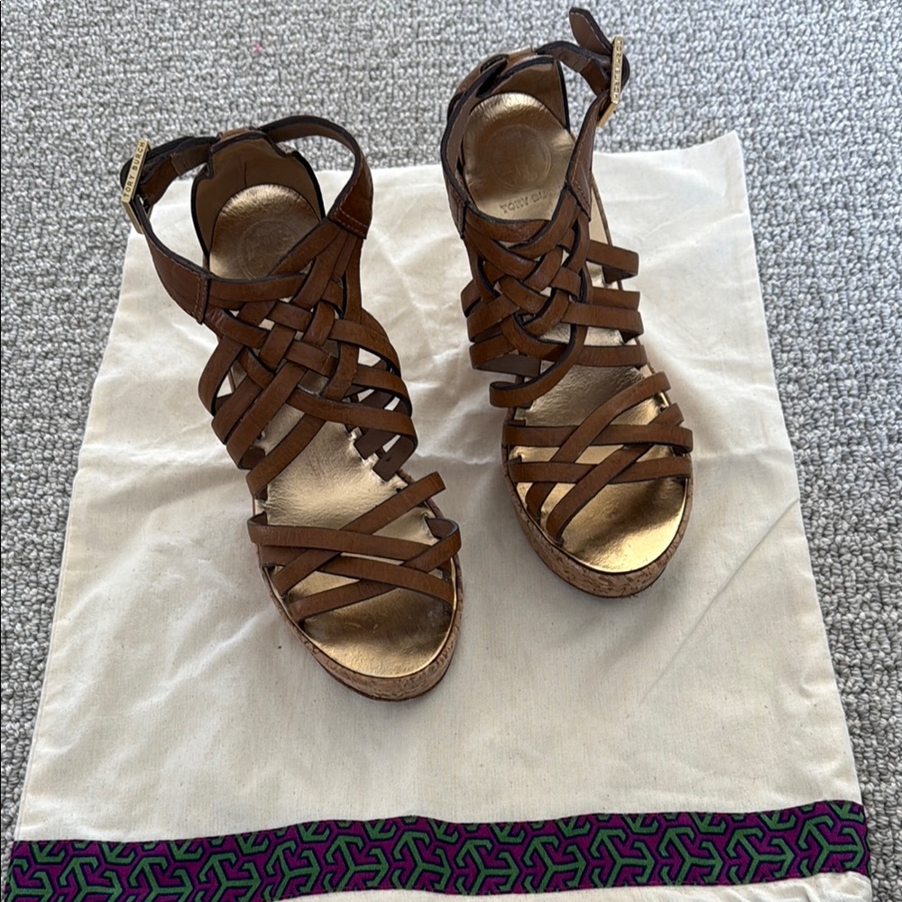 Tory Burch Wedge Platform Leather Cork Tan Brown Sandals Heels Shoes 6